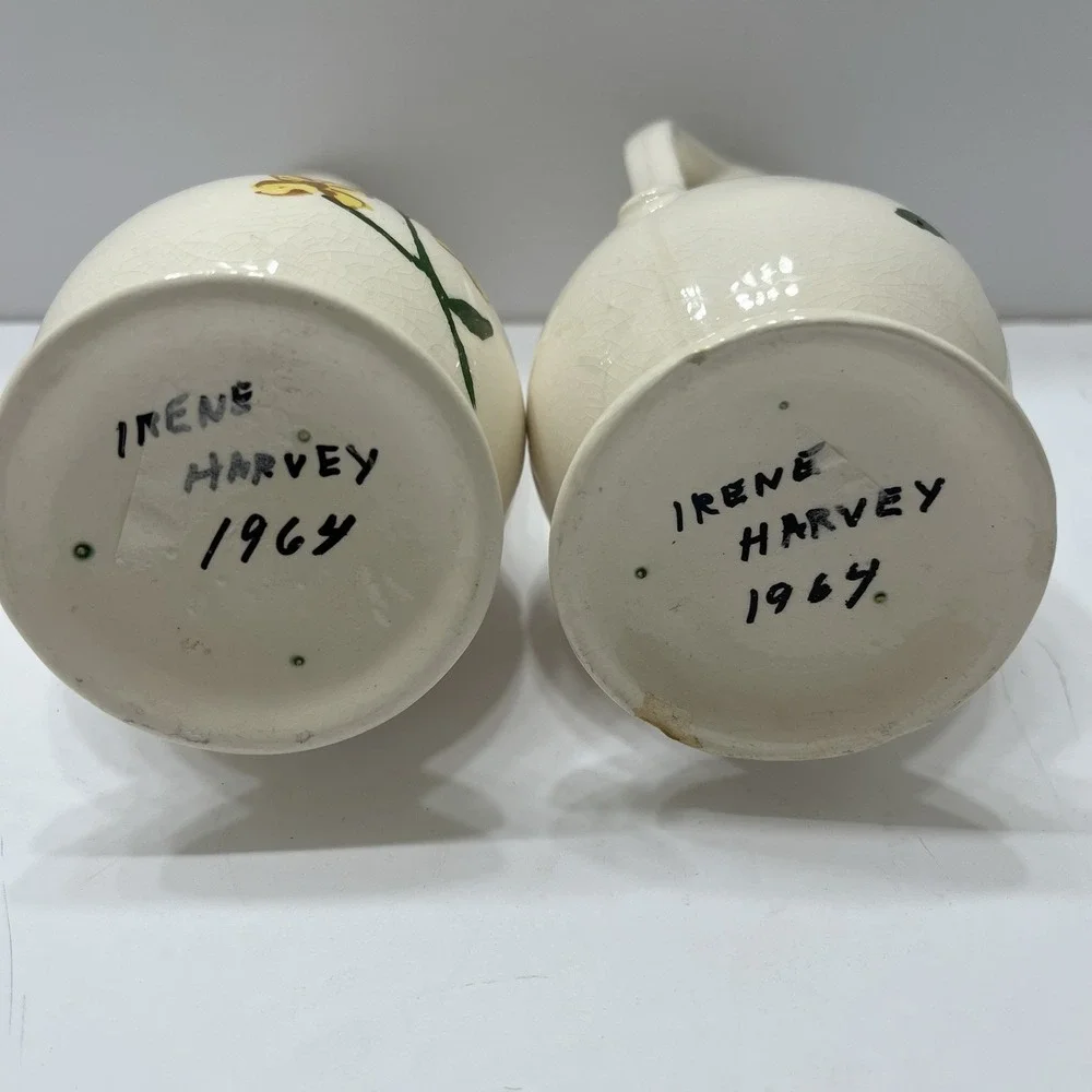 Vintage Off-White Floral Vases Set Of 2 Yellow Flowers Signed 1964 Ceramic